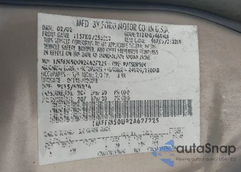 2002 Mercury Sable Gs from USA, damaged, VIN 1MEFM50U92A627225